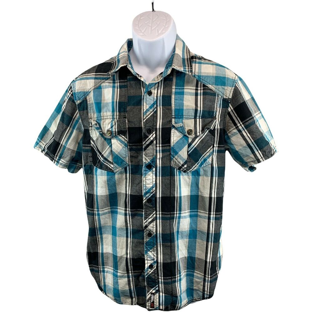 No Fear Mens Button Down Shirt Medium Casual Pockets Short Sleeve Cotton Flannel
